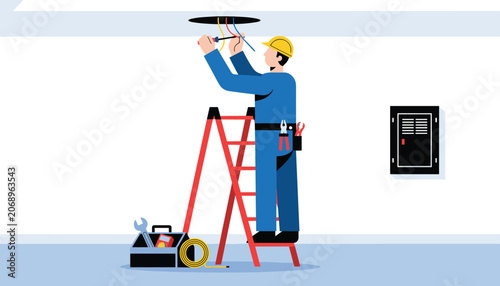 Professional electrician standing on a red stepladder while carefully fixing electrical wiring on the ceiling.