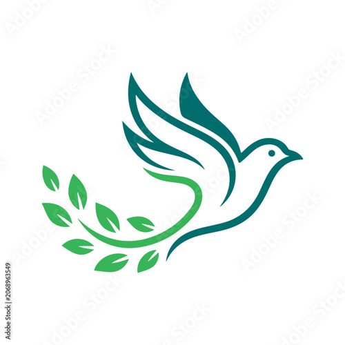 Abstract bird logo design with green leaves