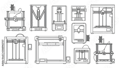 Set of line art 3d printers and accessories with transparent background vector illustration isolated on white vector.