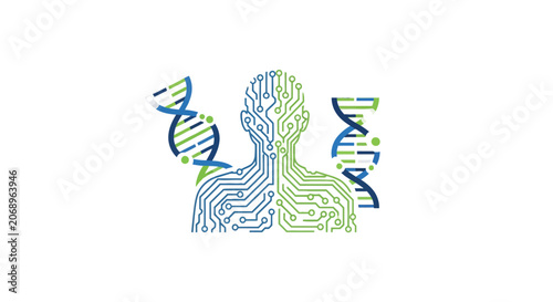 Obraz na plátne Circuit pattern human silhouette with DNA helix strands.