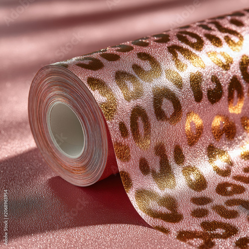 Rose gold leopard spot glossy roll liquid metallic texture decorative vinyl film with pink animal print pattern, shiny surface, curled sheet, close up craft material
