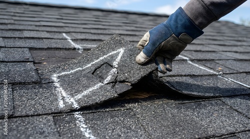 Professional roofer wearing a protective blue glove lifts a damaged dark asphalt shingle marked with white chalk lines during a detailed roof inspection on a sunny residential house exterior surface.