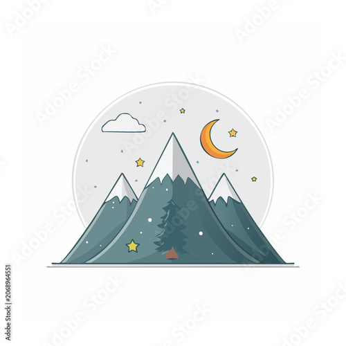 Flat design mountain landscape at night with tent