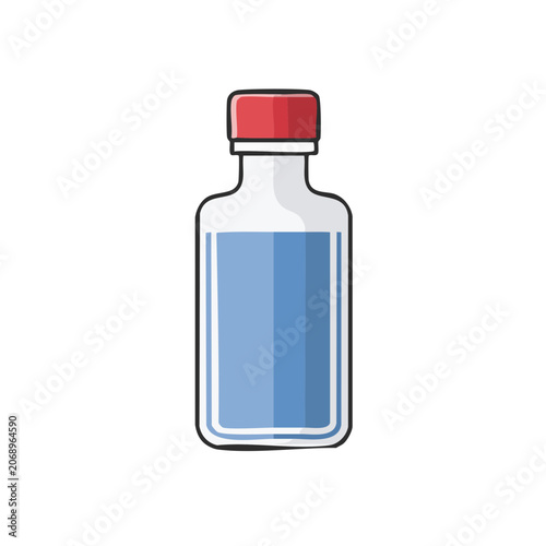 Flat illustration of a bottle with blue liquid and red cap