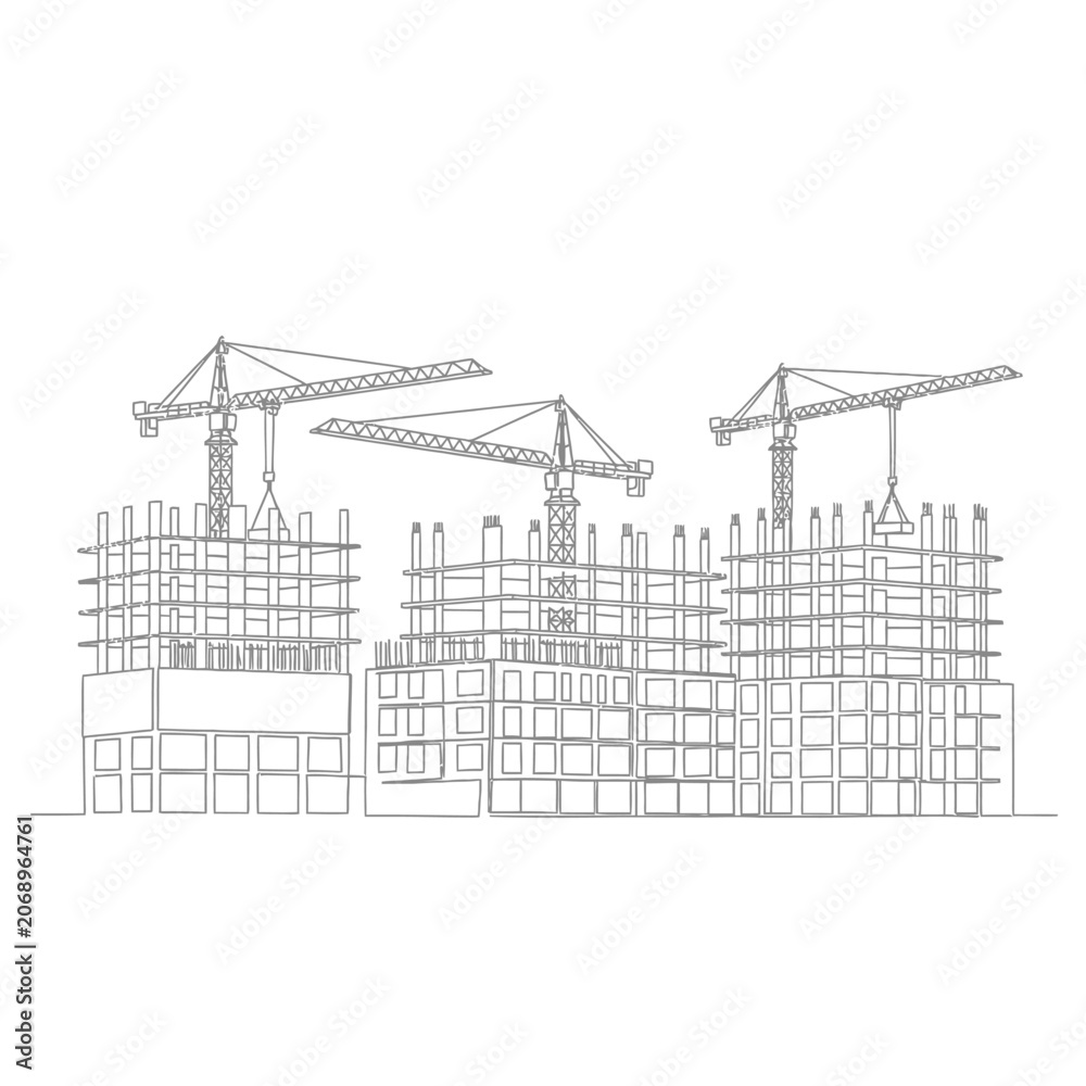 Fototapeta premium Construction site with cranes, building structures, line art
