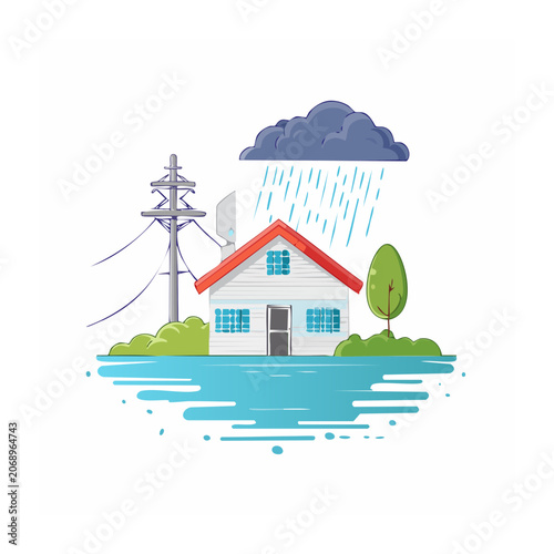 Flooded house during heavy rain with power pole