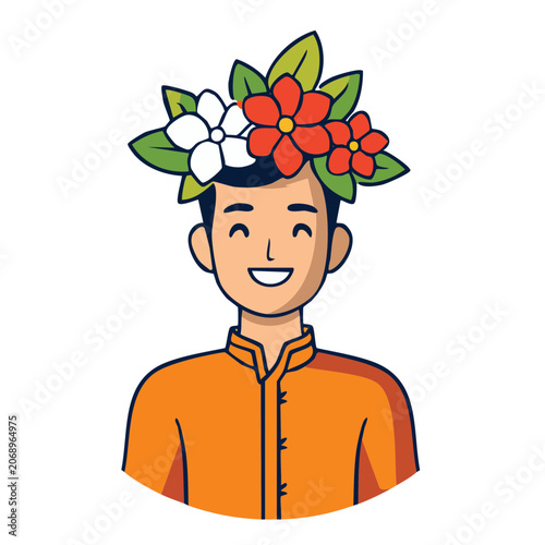 Smiling man wearing a flower crown, flat vector illustration