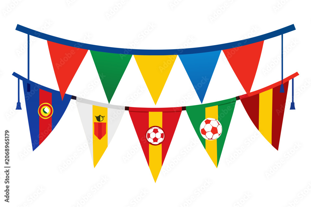 Obraz premium Colorful triangular pennant banner with soccer themed flags and designs hanging on a blue rod with tassels on a white background illustration