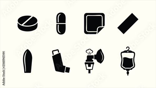 Foto Solid black medical medication and treatment glyph icon set collection