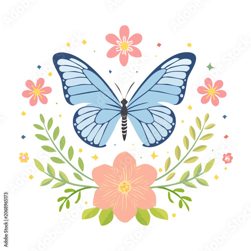 Blue Butterfly with Pink Flowers and Green Leaves