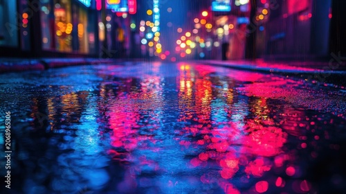 Neon City Street At Night In Rain With Vibrant Blue And Pink Reflections On Wet Ground