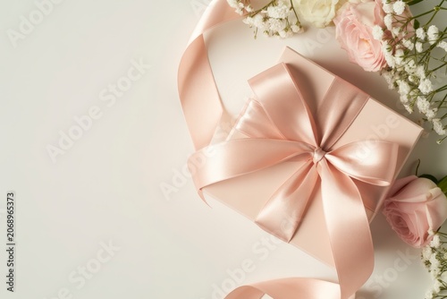 Pink gift box with flowers and ribbon