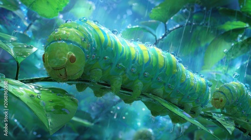 Vibrant, animated caterpillars crawl along damp foliage during a gentle rainfall.