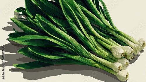 Freshly harvested green stalks with small white bulbs lie diagonally across a light surface