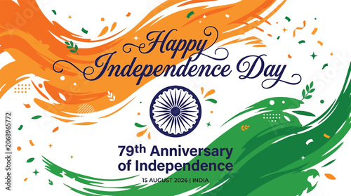 Indian independence day celebration graphic with ashoka chakra and tricolor wave design