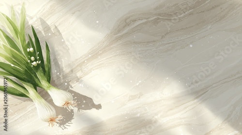 Two fresh green onions rest upon a light, marbled surface with prominent shadows.