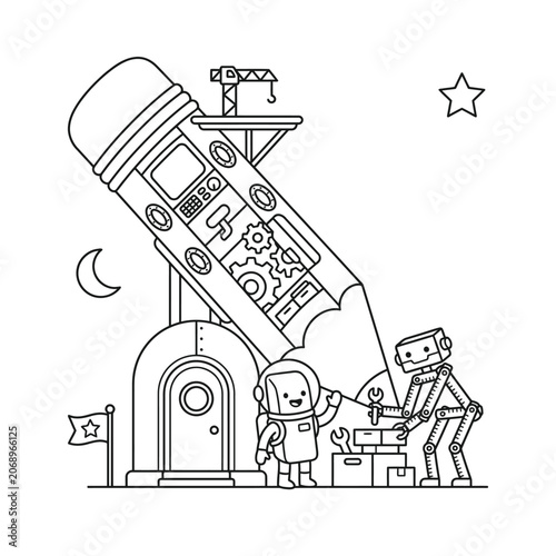 Whimsical line art illustration of two children exploring a futuristic telescope under a starry night sky with a crescent moon.