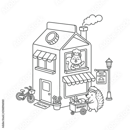 Adorable cartoon ice cream shop with friendly dog vendor and cyclist in charming village setting for food blog or menu design.