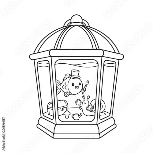 Cute cartoon character sitting inside an elegant vintage lantern with flowers and a top hat for creative projects.