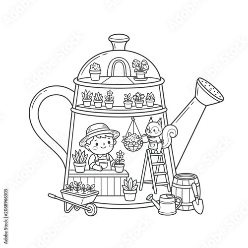 Whimsical cartoon watering can with fairy garden scene featuring tiny people, plants, and magical elements for creative illustrations.