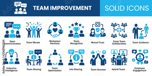 Corporate team improvement and workplace collaboration solid icon pack. Vector illustration of human resource management symbol, employee engagement graphics, and business success duotone sign.