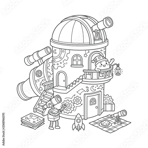 Whimsical black and white line art of a futuristic observatory with scientists exploring space and alien life in a playful setting.