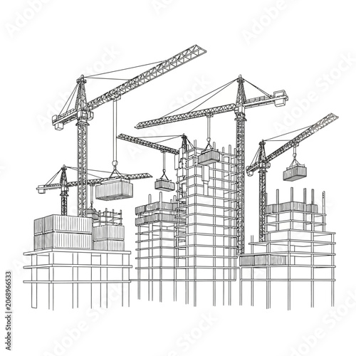Construction site sketch: cranes lifting building materials, architectural drawing