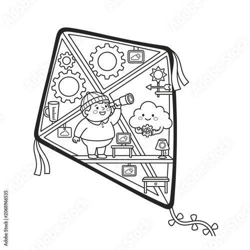 Whimsical cartoon pig character flying a colorful kite filled with fun icons and gears in a playful outdoor scene.