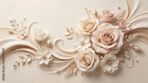 Elegant floral graphic with beautiful blush, ivory and beige rose flowers, with champagne gold leaves, curves and swirling vines on cream background, exquisite and chic neutral floral wallpaper