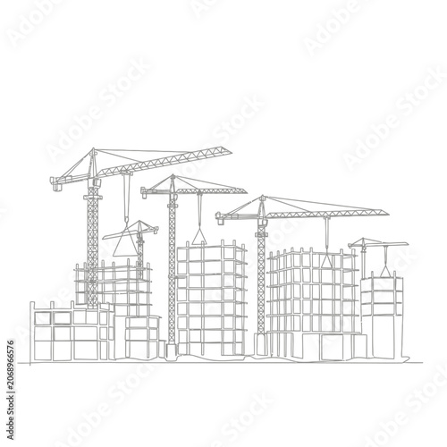 Construction site sketch: cranes, buildings under construction, line art