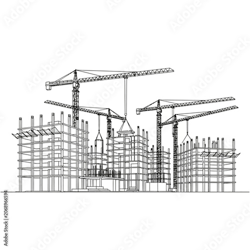 Construction site sketch: cranes, buildings, architectural blueprint