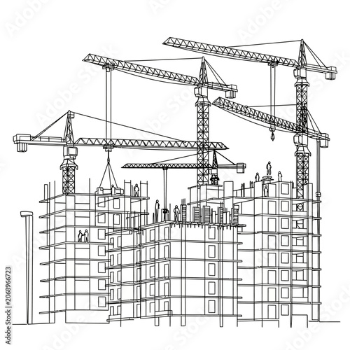 Construction site sketch with cranes, building outline, engineering project