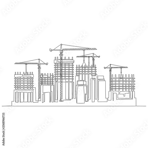 Continuous Line Construction Site Illustration, Urban Development