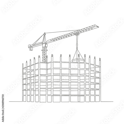 Continuous Line Drawing: Construction Site with Crane and Building Frame