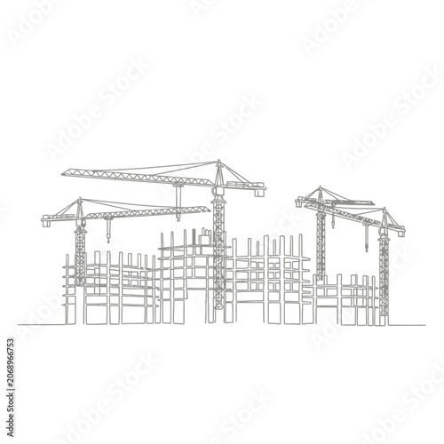 Construction site sketch with cranes, modern architectural project on white