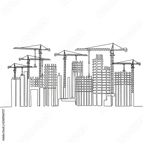 Continuous Line Drawing of City Construction Cranes and Structures