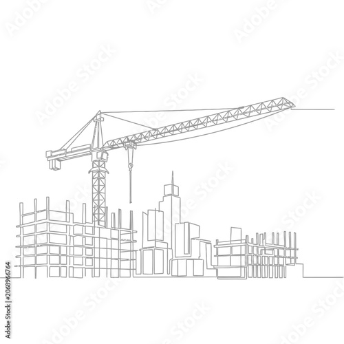 Continuous Line Drawing of City Construction Site with Crane