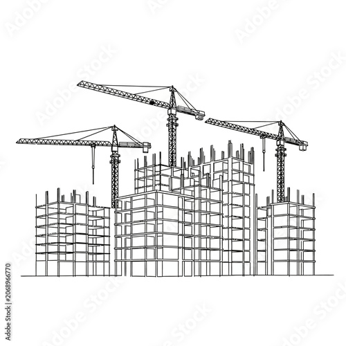 Construction site sketch with tower cranes and buildings outline