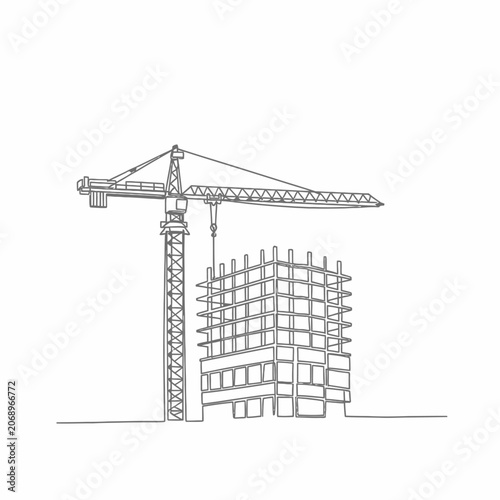 Continuous Modern Building Construction Line Drawing, White Background