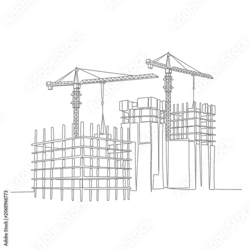 Continuous Line Drawing of Construction Site with Cranes
