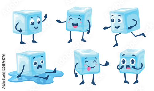 Ice cubes cartoon characters. Frozen water melt blocks, funny mascot cute emoji icy pieces happy face emotion freezy cold drink cool frosty icecube set neat vector illustration