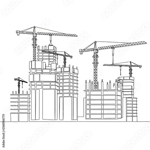 Crane Lifting at Construction Site - Architecture Vector Outline
