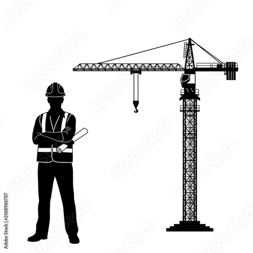 Engineer Builder Silhouette with Construction Crane