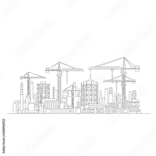 Industrial city construction site with cranes, minimalistic vector illustration