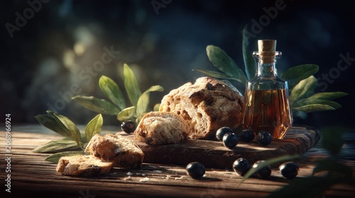Rustic presentation of crusty bread, olive oil, and dark olives arranged on a wooden surface.
