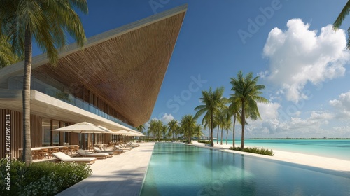 Contemporary tropical resort architecture overlooks an infinity edge swimming pool beside a pristine ocean beach.