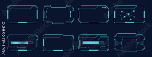 Sci-fi hud futuristic user interface frame vector set. Vector illustration of cyberpunk technology window panels, digital gaming progress bar borders, and sci science fiction network display elements.