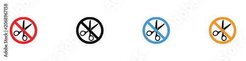 Prohibited no scissors sharp tool sign kit. Vector illustration of circular shape cutting object ban icon, airport security regulation symbol, and restricted area badge on white background.