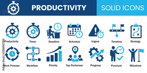Business management and efficiency productivity solid icon pack. Vector illustration of time optimization planning symbol, project workflow graphics, and corporate success duotone sign.