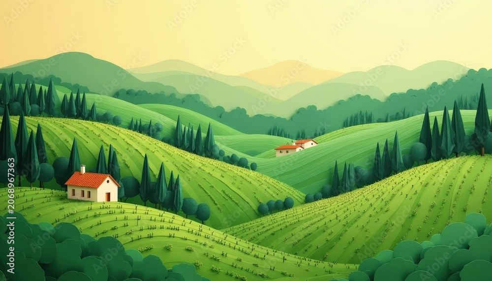 Fototapeta premium Rolling green hills with vineyards and trees. Two houses dot the landscape under a soft yellow sky. Serene rural scene evokes peaceful countryside living and organic farming.